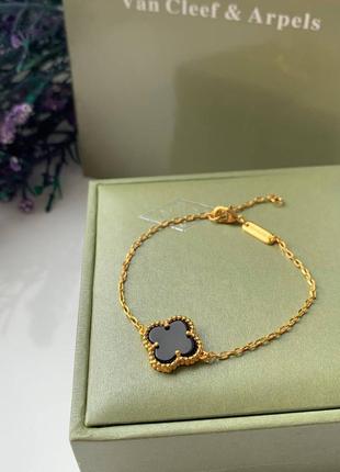 Брендовий браслет у стилі ван кліф з покриттям лимонного золота au750, чорна емаль2 фото