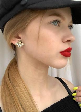 Брендовые серьги муха позолота с жемчугом и кристаллами, люкс качество!