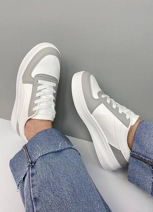 Кеды женские базовые демисезонные эко кожа белые  & серые вставки