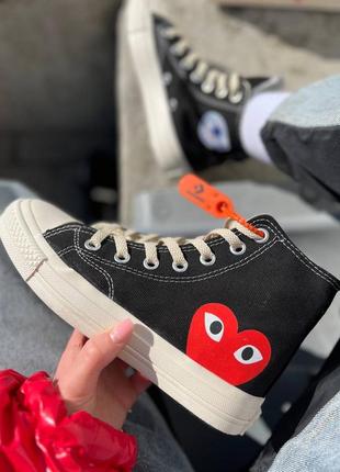 Трендовые женские высокие кеды converse x comme des garcons black high чёрные с сердечком2 фото