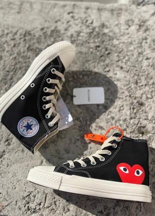 Трендовые женские высокие кеды converse x comme des garcons black high чёрные с сердечком4 фото