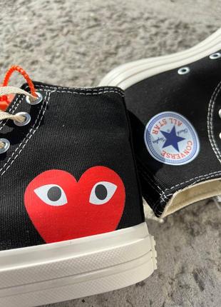 Трендовые женские высокие кеды converse x comme des garcons black high чёрные с сердечком8 фото