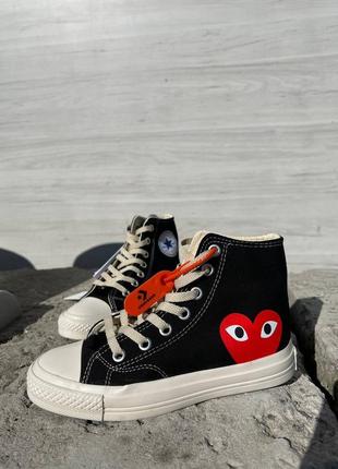 Трендовые женские высокие кеды converse x comme des garcons black high чёрные с сердечком7 фото