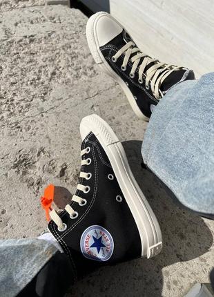 Трендовые женские высокие кеды converse x comme des garcons black high чёрные с сердечком10 фото