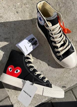 Трендовые женские высокие кеды converse x comme des garcons black high чёрные с сердечком9 фото