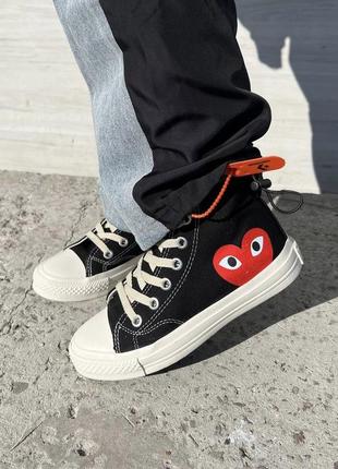 Трендовые женские высокие кеды converse x comme des garcons black high чёрные с сердечком