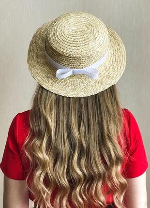 Канотье соломенная женская летняя шляпа с белой лентой1 фото