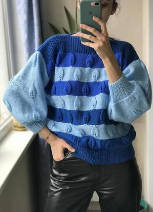 Полушерстяной свитер в полоску с фактурными листиками handmade