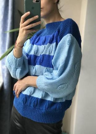 Полушерстяной свитер в полоску с фактурными листиками handmade2 фото