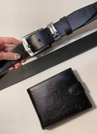 Подарочный набор кошелек + ремень мужской кожаный, набор ремень и кошелек черный в стиле calvin klein келвин кляйн