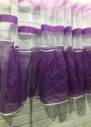 Готовая короткая пошитая тюль в полоску на фатине до подоконника, сиреневый фиолетовый6 фото
