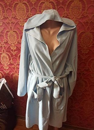 Блакитний теплий флісовий халат з капюшоном ніжно блакитного кольору home wear