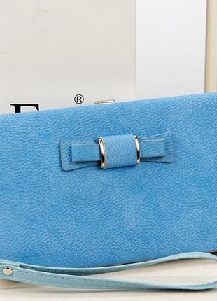 Кошелек женский голубой с визитницей с бантом 18 х10смх2,8 см , клатч,портмоне, бумажник