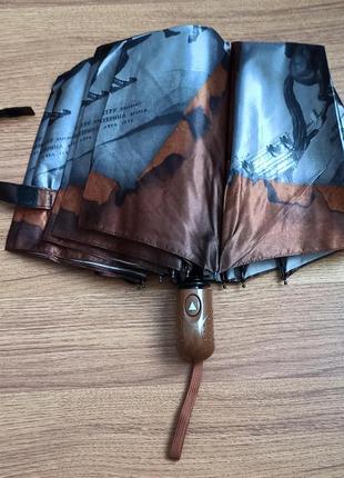 Зонт женский компактный атласный коричневый с архитектурой , полуавтомат, 2 сложения 10 спиц с пружиной а(3 фото