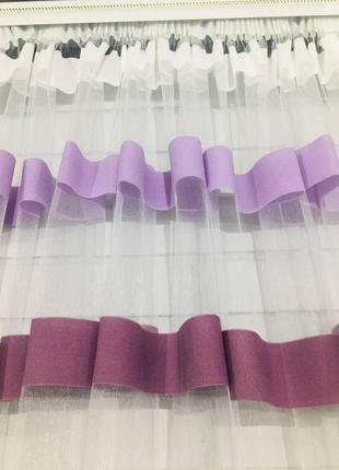 Готовая короткая пошитая арка тюль в полоску на фатине до подоконника с кружевом. цвет сиреневый фиолетовый