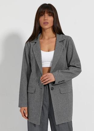 Серый женский длинный пиджак на пуговицах с добавлением шерсти 42-48