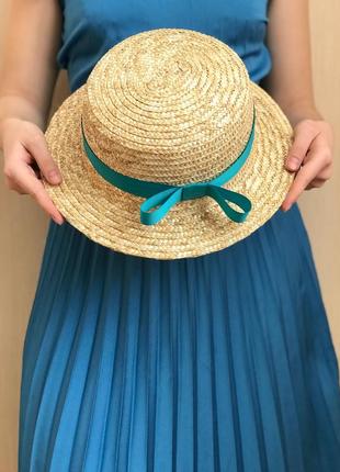 Женская соломенная шляпа канотье с бирюзовой лентой2 фото