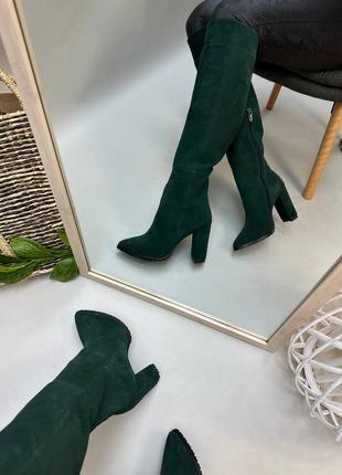 Екслюзивні чоботи ботфорти з натуральної італійської шкіри та замші жіночі зелені