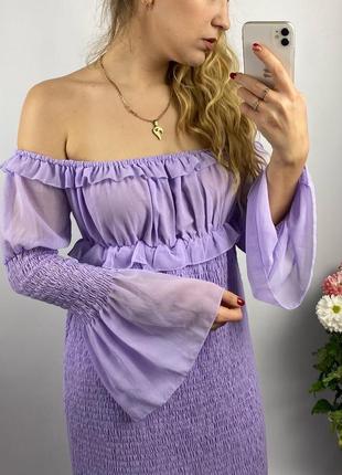 Святкова коротка фіолетова бузкова сукня плаття міні з відкритими плечима та прозорими рукавами plt