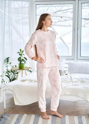 Жіноча тепла піжама махра принт штани та кофта 2 кольори3 фото