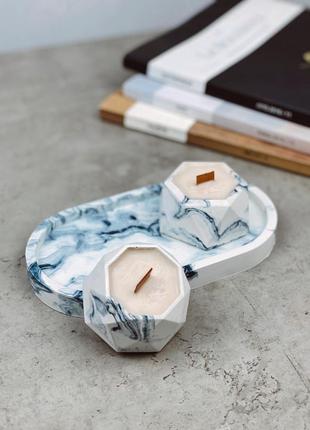 Набір ароматичних соєвих свічок в гіпсових кашпо mini в техніці marble на підставці