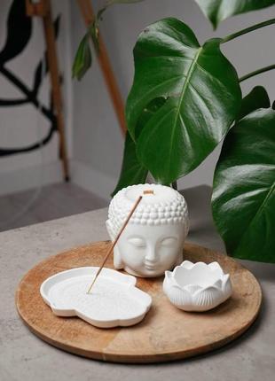Комплект дзен с ароматической соевой свечой в кашпо из гипса ручной работы с подставками для благовоний4 фото