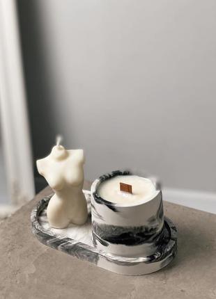 Набір ароматична соєва свічка venus зі свічкою в кашпо на підставці з гіпсу ручної роботи