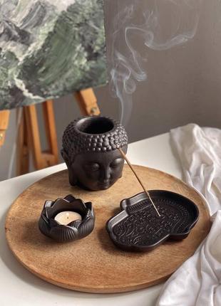 Набір для медитації будда з гіпсу ручної роботи з підставками для пахощів2 фото