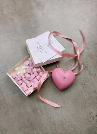 Набір соєва свічка серце з міні-саше (30шт) з ефірними аромамаслами ручної роботи2 фото