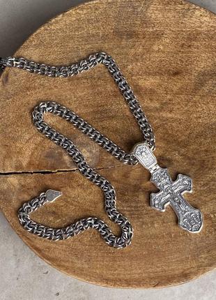 Серебряный комплект крестик с чернёной цепочкой, серебряная цепь 925