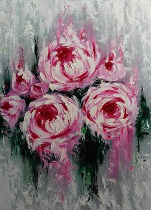 Интерьерная картина маслом  розы,пионы 50*40 см1 фото