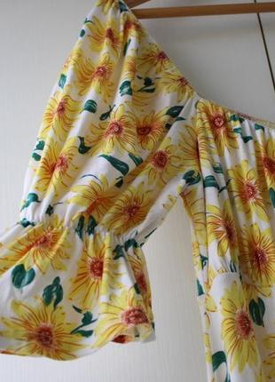 Солнечное платье с пышными рукавами с принтом "подсолнухи"7 фото