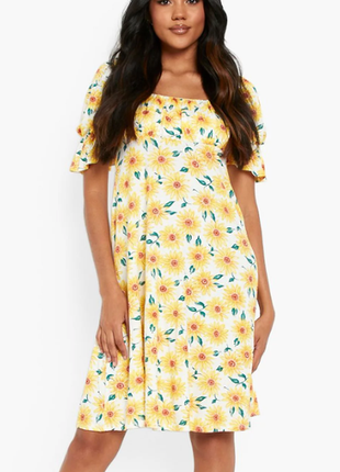 Солнечное платье с пышными рукавами с принтом "подсолнухи"