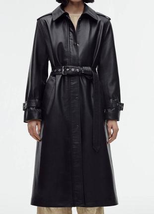 Женский кожаный черный тренч под пояс, пальто зара, плащ2 фото