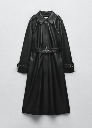 Женский кожаный черный тренч под пояс, пальто зара, плащ3 фото