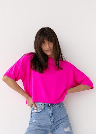 Однотонная женская футболка свободного кроя - фуксия цвет, l (есть размеры)5 фото