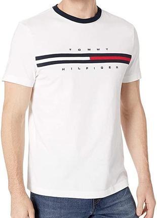 1, белая хлопковая мужская футболка в фирменную полоску  томми хилфигер tommy hilfiger размер l оригинал