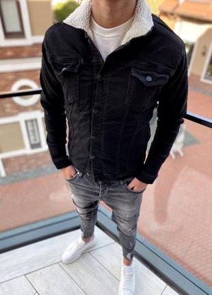 Мужская черная джинсовка с мехом / утепленные мужские джинсовые куртки3 фото