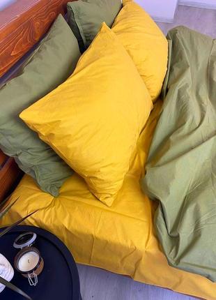 Сімейний однотонний комплект постільної білизни жовтий оливковий хакі бязь голд люкс віталіна