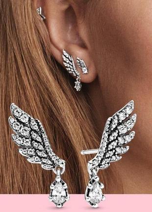 Серебряные серьги крылья ангела пандора серебро 925  сережки pandora