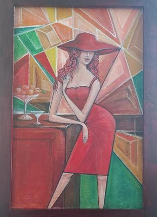 Картина "девушка в красном" -  авторская работа, размер 63/44,  на оргалите,  акриловая роспись