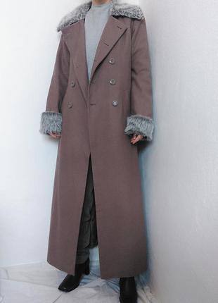 Шерстое двубортное пальто макси пальто шерсть с поясом пальто с мехом пальто мягко винтажная пальто плащ3 фото