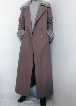 Шерстое двубортное пальто макси пальто шерсть с поясом пальто с мехом пальто мягко винтажная пальто плащ6 фото