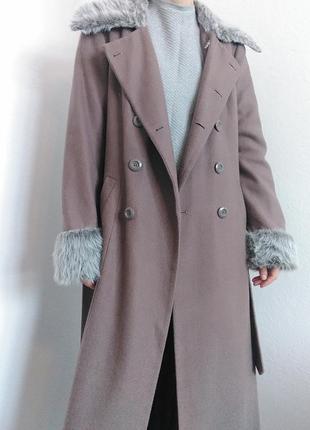 Шерстое двубортное пальто макси пальто шерсть с поясом пальто с мехом пальто мягко винтажная пальто плащ7 фото
