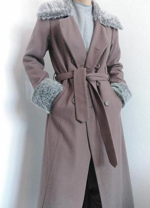 Шерстое двубортное пальто макси пальто шерсть с поясом пальто с мехом пальто мягко винтажная пальто плащ4 фото