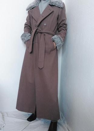 Шерстое двубортное пальто макси пальто шерсть с поясом пальто с мехом пальто мягко винтажная пальто плащ10 фото