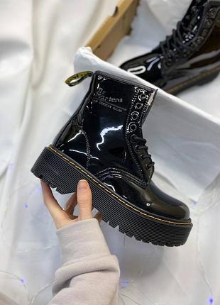 Dr.martens jadon patent black logo хутро, лаковані шкіряні черевики на хутрі, лакированные кожаные ботинки на меху
