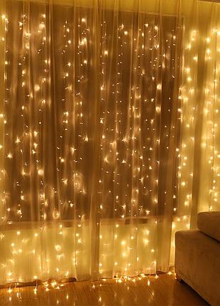 Гірлянда штора 280 led, 3*2 метри, прозорий шнур, з перехідником, колір теплий білий