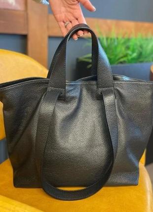 Вместительная черная кожаная сумка шоппер ts0001005 фото