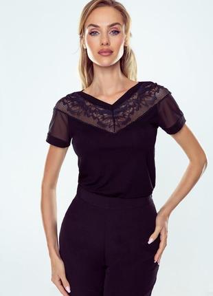 Жіноча блузка з коротким рукавом чорного кольору з мереживом. модель gusta eldar2 фото